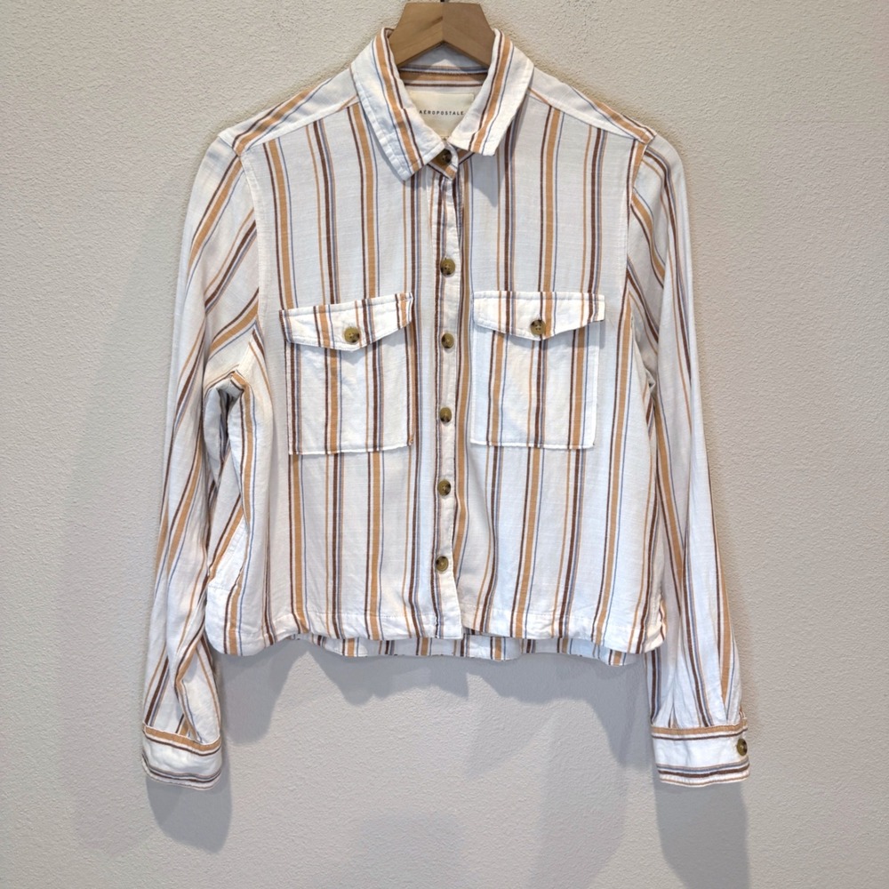 AEROPOSTALE Womens Cotton Striped Button Down Long Sleeve Top Size M Boho Earthy